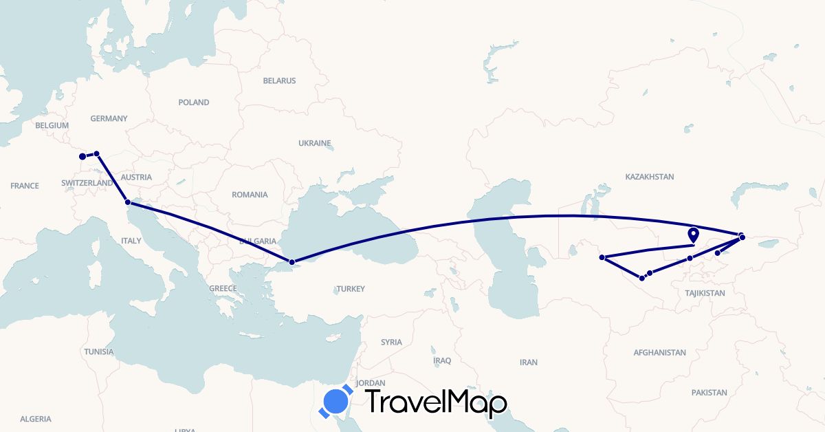 TravelMap itinerary: driving in Germany, France, Italy, Kyrgyzstan, Kazakhstan, Turkey, Uzbekistan (Asia, Europe)